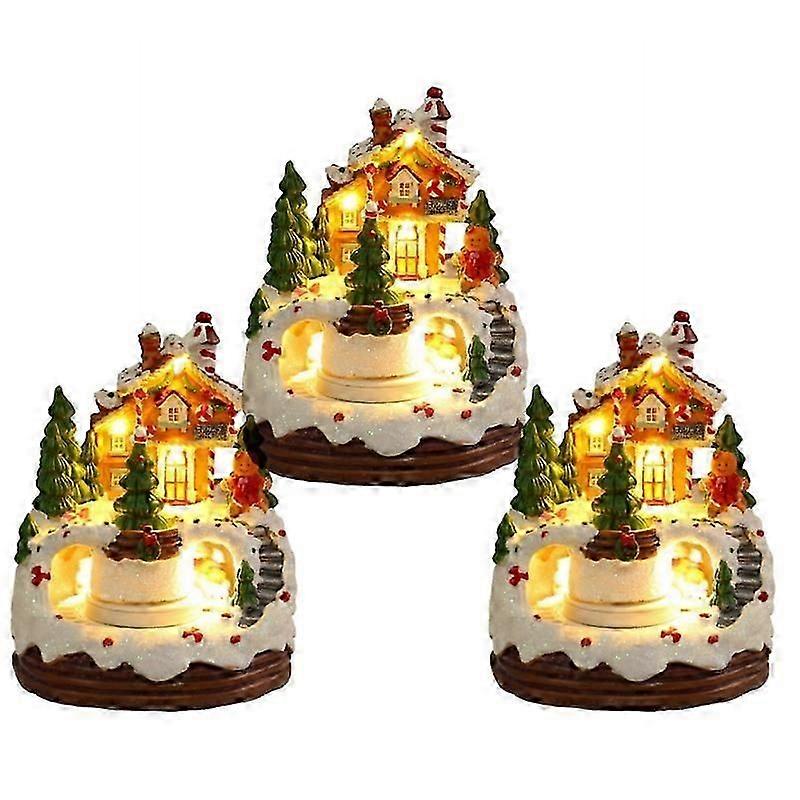 3xクリスマスオルゴールスノーハウスオーナメントLEDライトレジン回転音楽置物ホームクリスマスデコレーション新年の贈り物