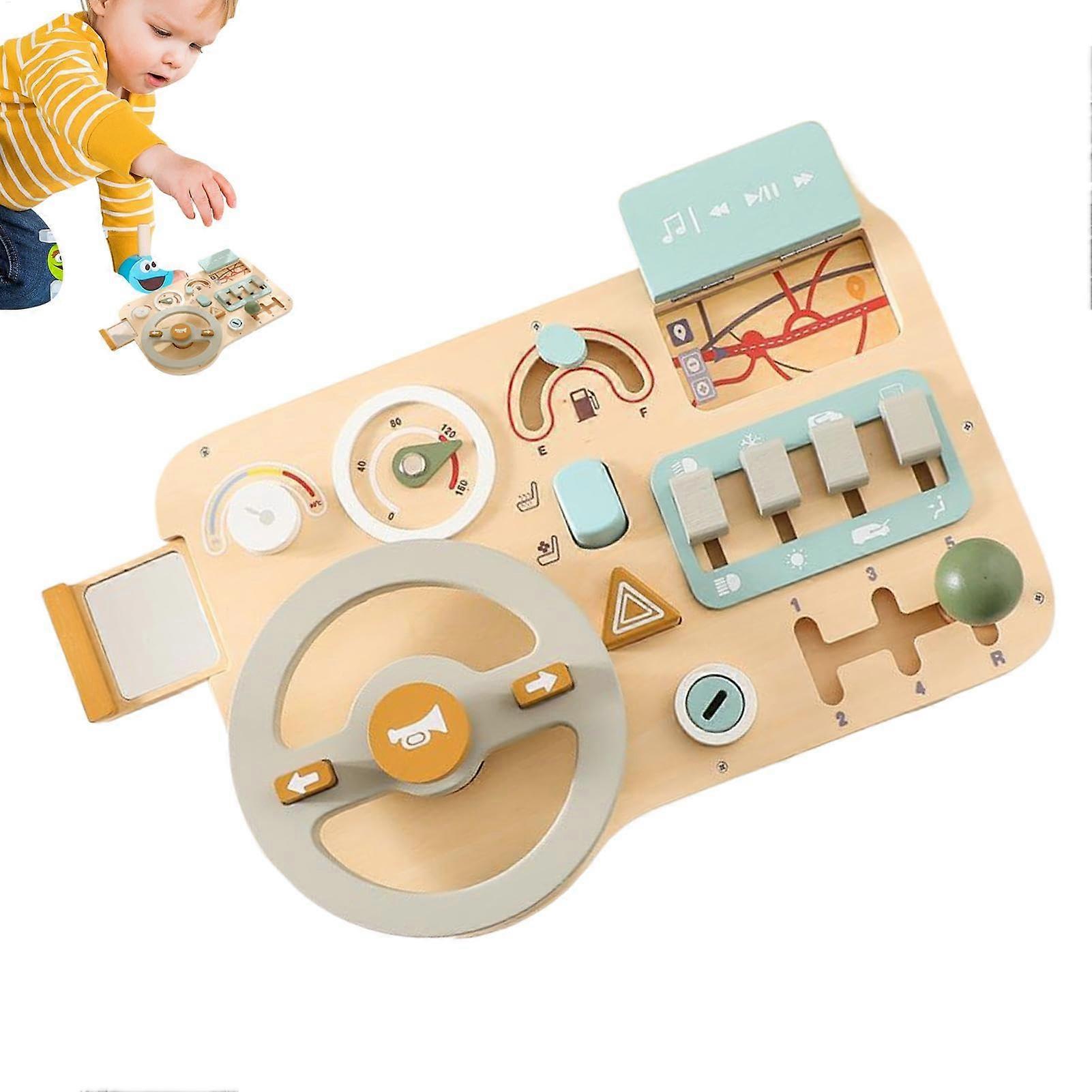 Kids Steering Wheel Wooden Driving Simulator Interactive Dashboard Educational Toy And Fun Game Portable 30x19 cm