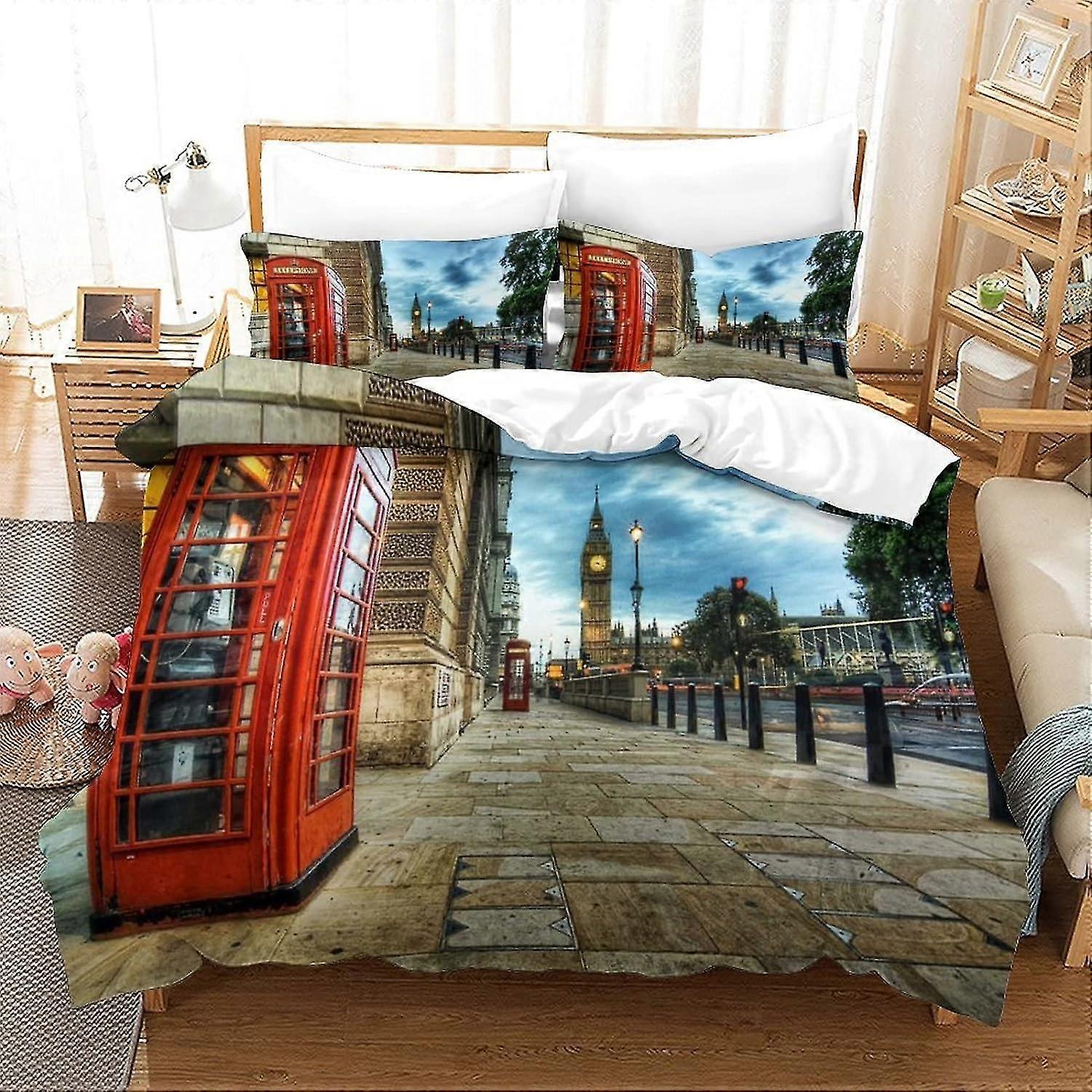London Phone Booths Duvet Cover Set with Big Ben 3D Print for Adults and Kids, No Comforter, Double Size