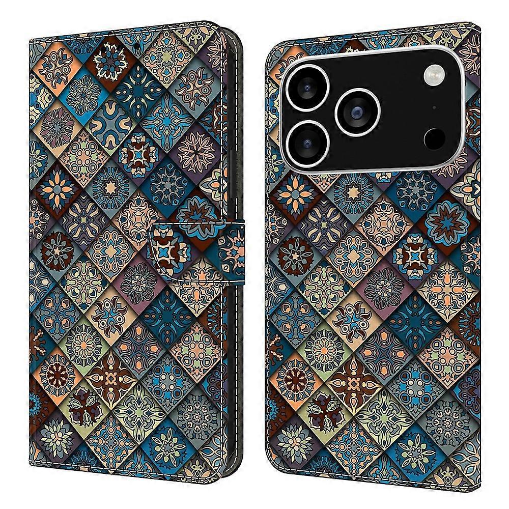 لهاتف iPhone 17 Pro Max Wallet Case نمط طباعة حامل جلد غطاء هاتف أزرق زهري
