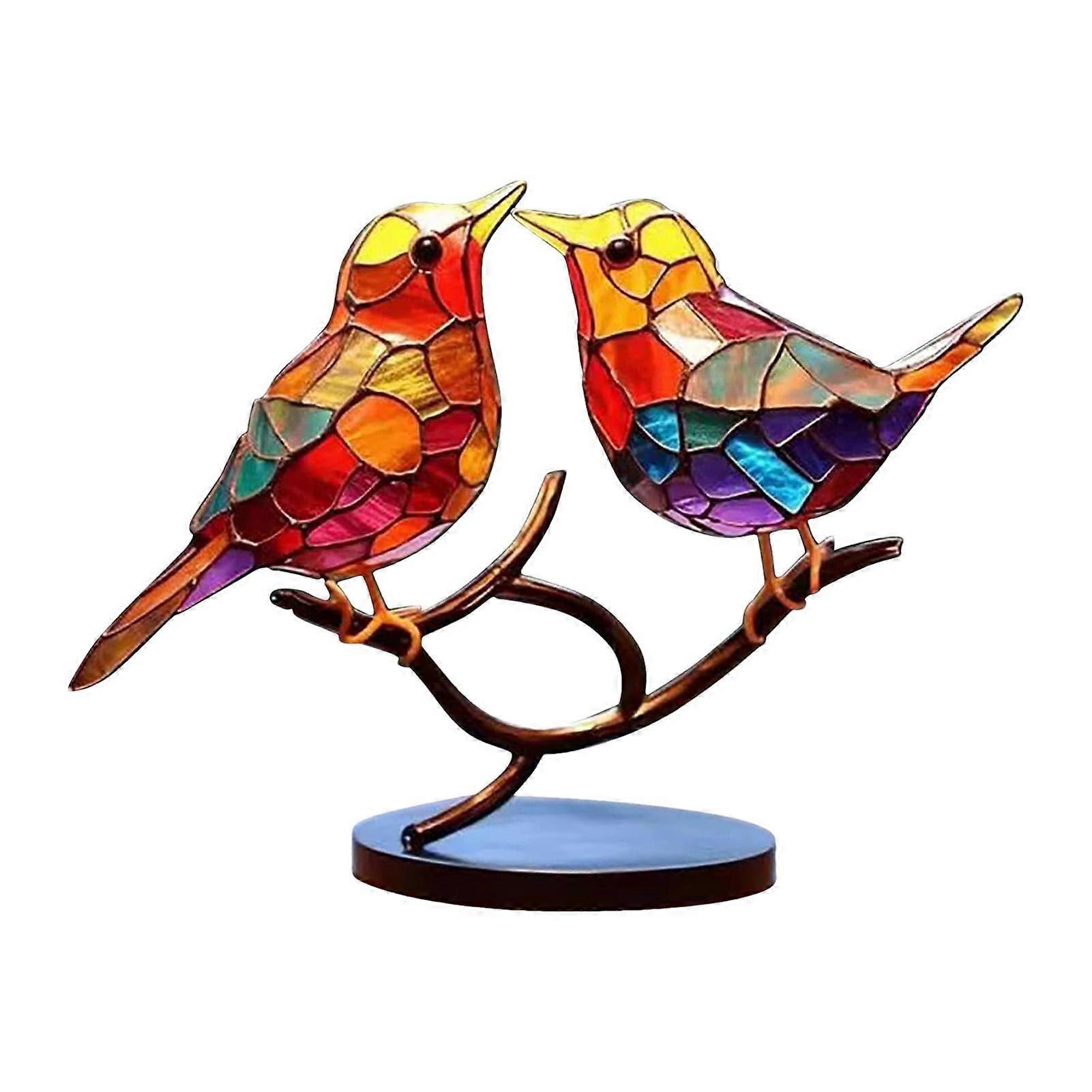 Stained glass birds on branch ornaments for desk – small, durable acrylic decor