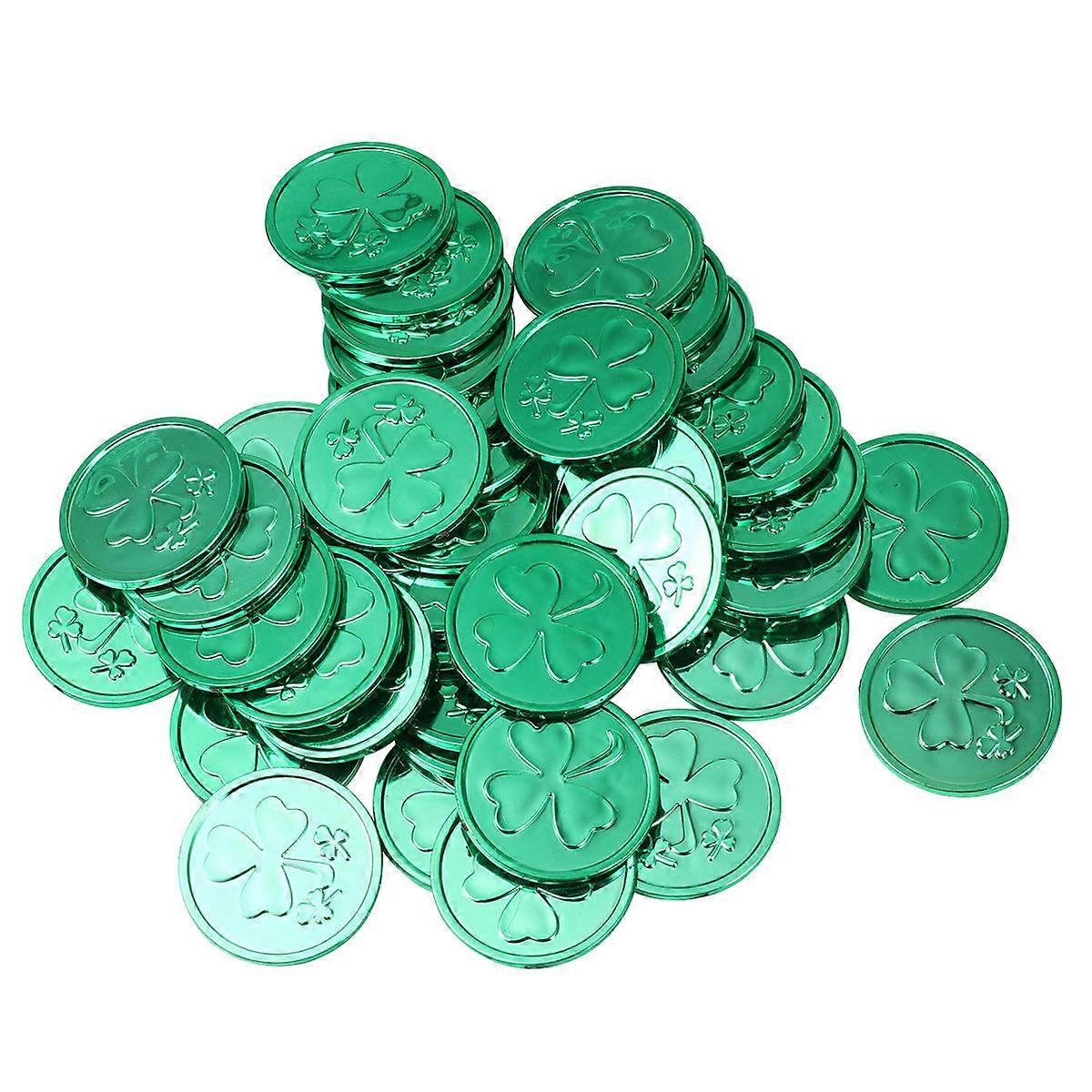 100PCS St Patrick's Day Party Decor Plastic Shamrock Coins Round Clover Coin Prop for Party Use Green