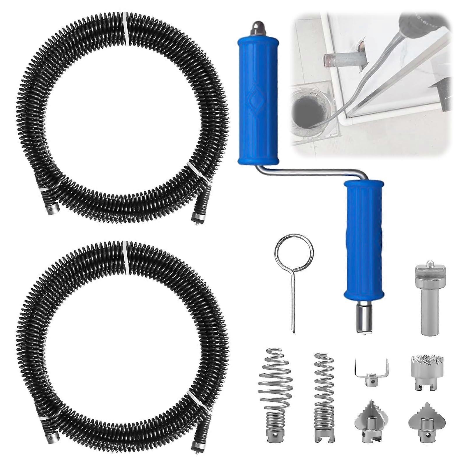 Pipe Cleaning Spiral 12 mm, 2 Sets Drain Cleaner with 8 Attachments, 3 Metre Pipe Cleaning Shaft, Manual & Electric Adapters