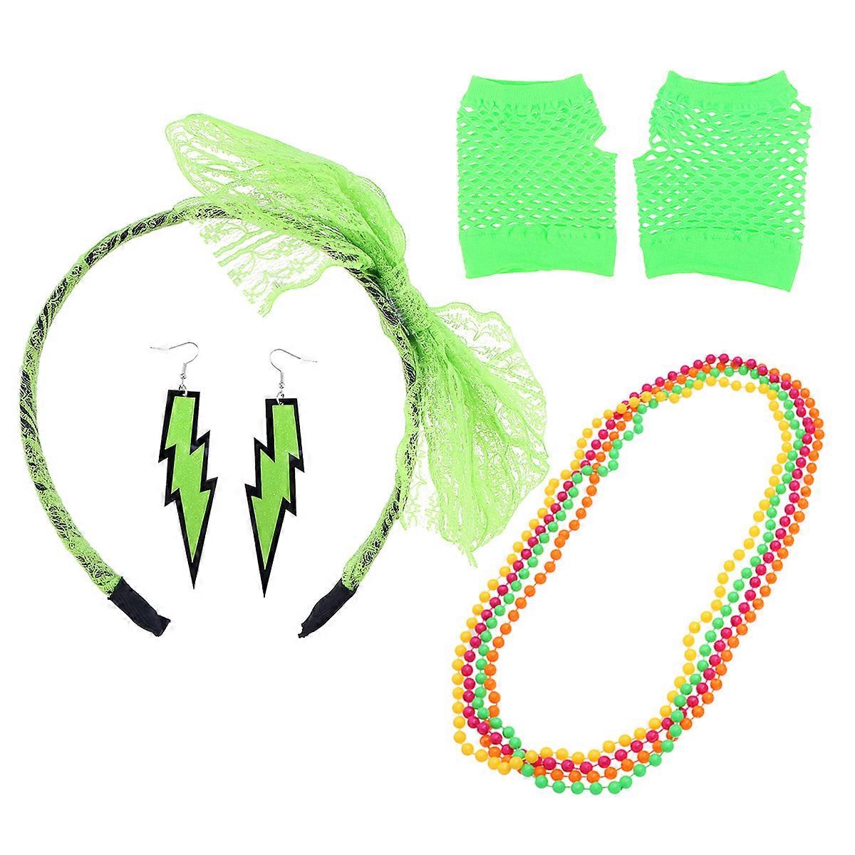 Retro Style 80S Headband Gloves Set With Neon Earrings For Dance Shows And Fancy Dress Parties