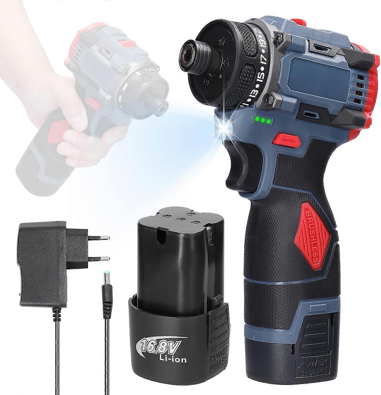 Cordless Drill 16.8V Set with 2 x 1300mAh Batteries, 23 + 1 Torque Levels, LED Light, Brushless Screwdriver with Impact