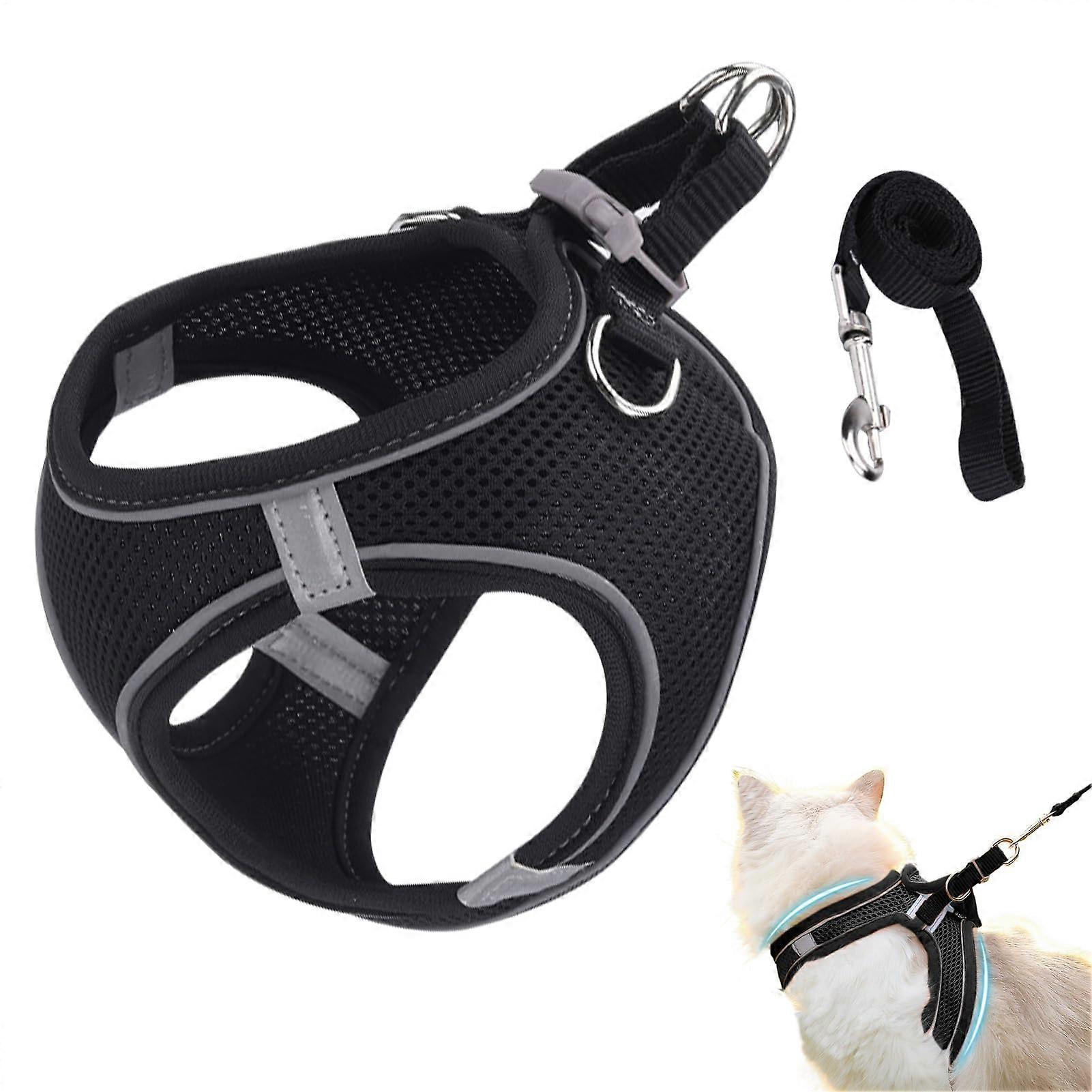 Escapeproof Cat Harness With Soft Mesh And Reflective Strips For Hiking And Outdoor Use - Size Large (L) Black