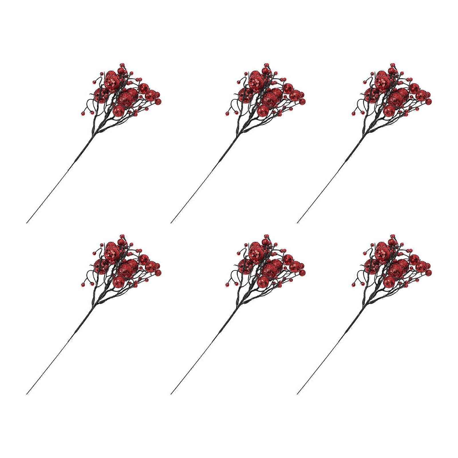 Artificial Berry Branch Leaf Shape and Berry Shape Decorative Accessories for Christmas Tree Ornament Red Plastic Diy 6Pcs