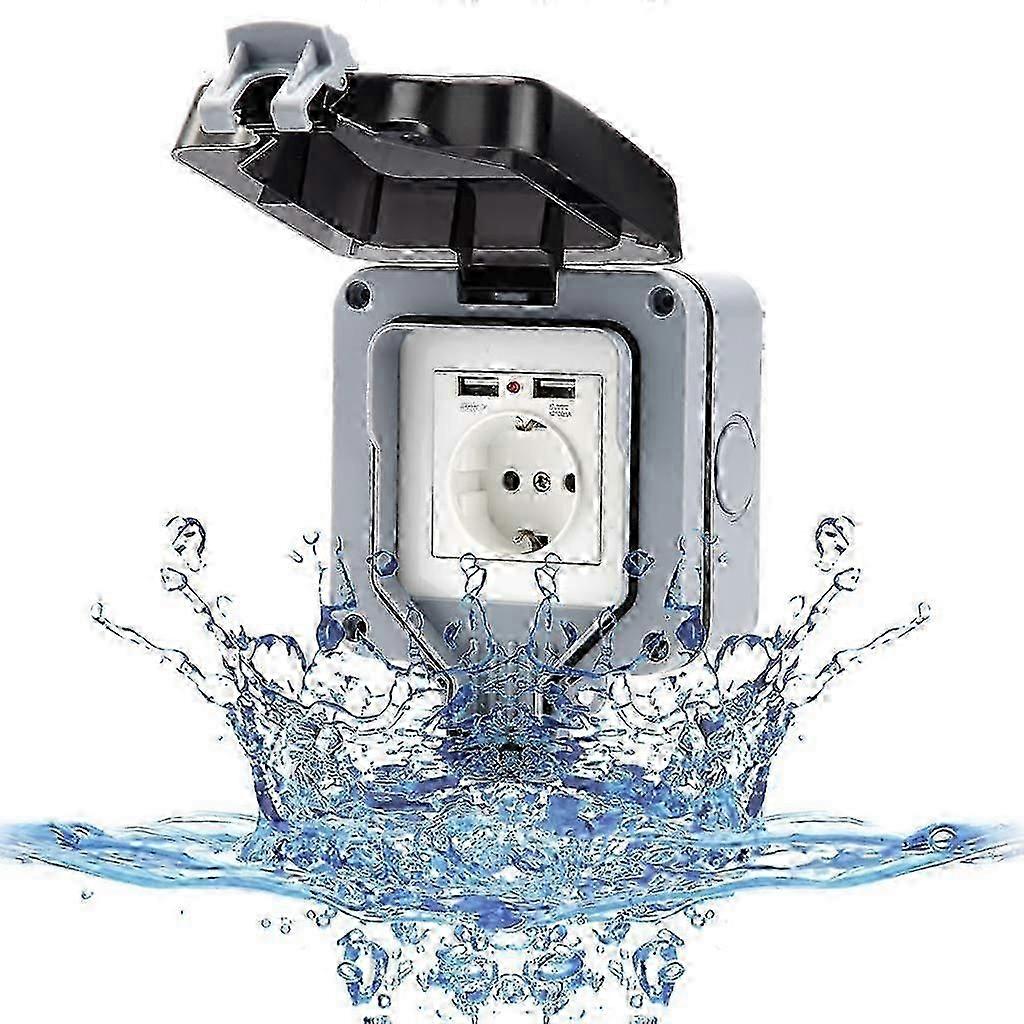 Outdoor wall socket with USB socket for outdoor use, IP66 waterproof socket, garden socket, surface mounting, wet room protection contact, outdoor wit