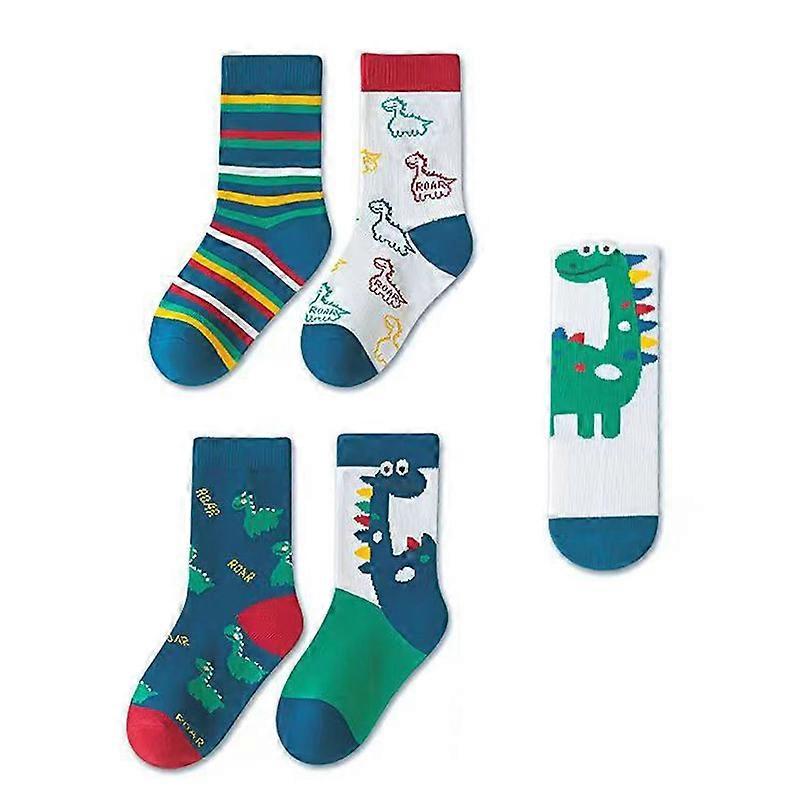 5 Pair Kids Socks Mid Calf Dinosaur Pattern 9-12 Years Old