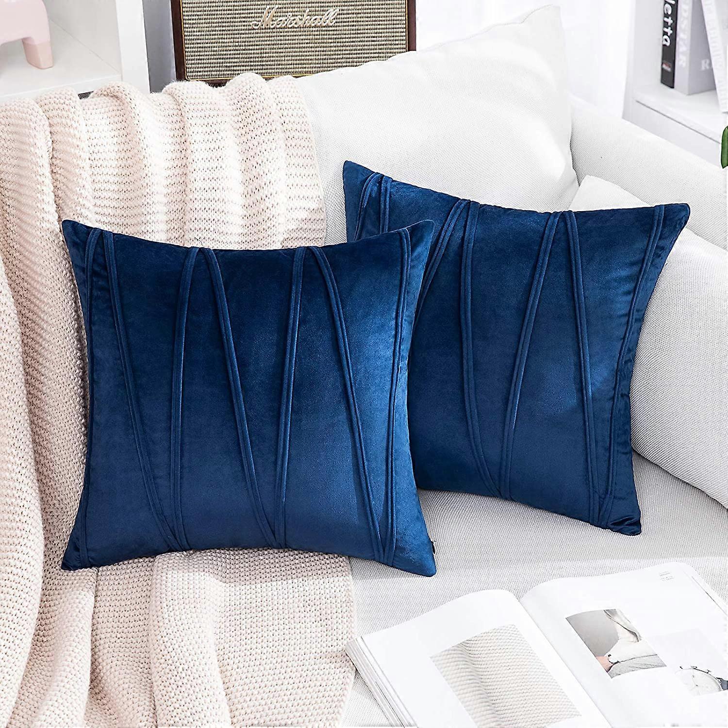 2 Boho Velvet Throw Pillow Decorative Soft Solid Outdoor Cushion For Couch Bed Sofa (inserts + Pillow Covers,  Navy)