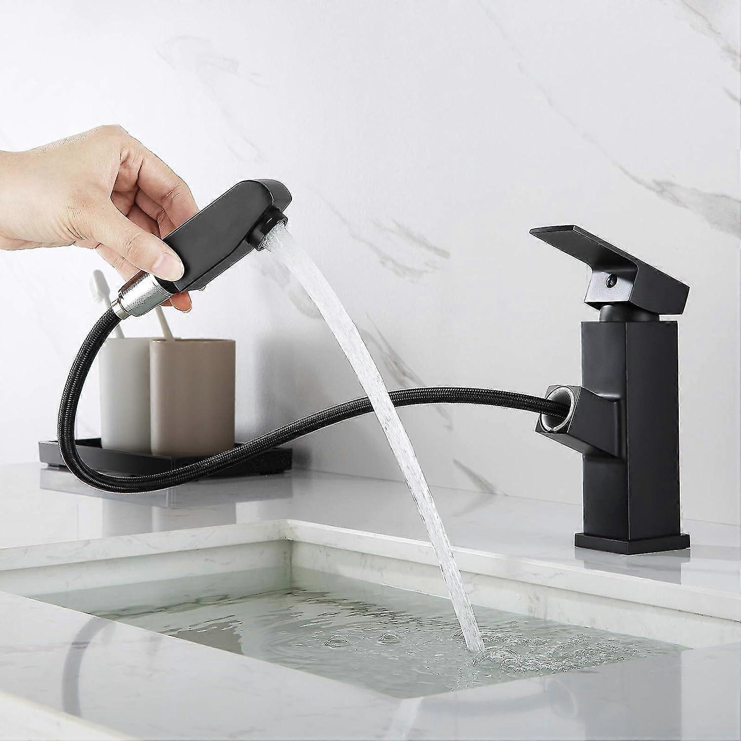 Pull-out spray faucet for sink, black bathroom mixer tap