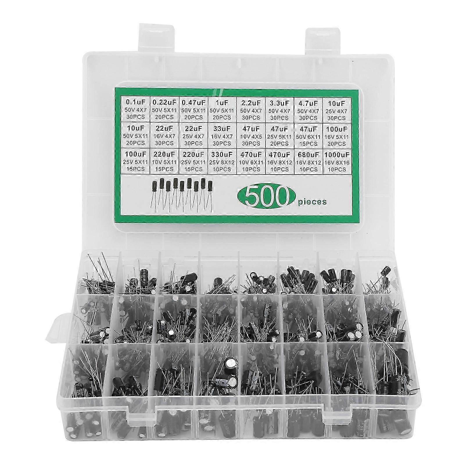 For 500Pcs Electrolytic Capacitor Kit 24 Value Assortment Box 0.1uF?1000uF 10V 16V 25V 50V