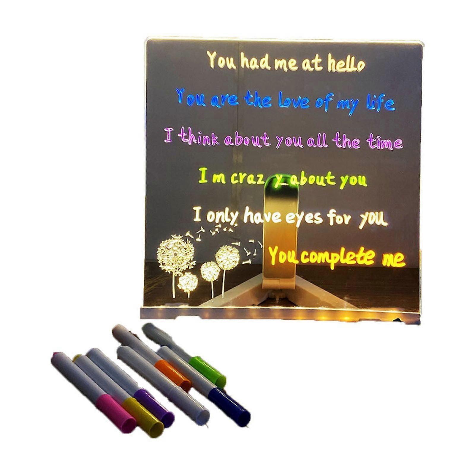 Acrylic Lighted Dry Erase Board 5.9x5.9" with Stand & 7 Color Markers, Clear Glow Memo LED Board for Desktop Use