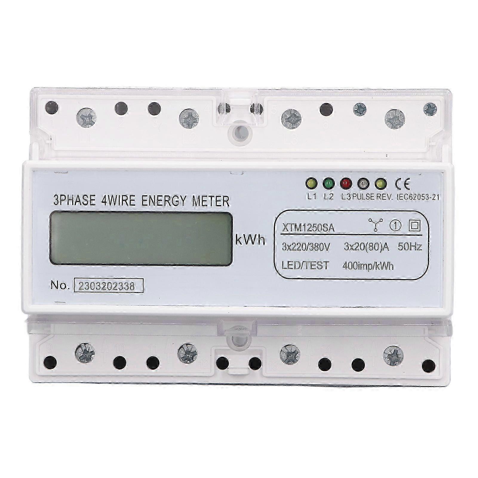 7 Digit LCD Electric Energy Meter 35mm DIN Rail Mounting 3 Phase 4 Wire Electricity Usage Monitor 3x20(80)A