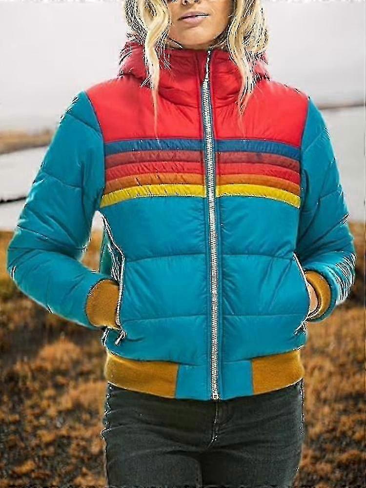 Women's Zip-Up Rainbow Striped Down Jacket for Cold Weather