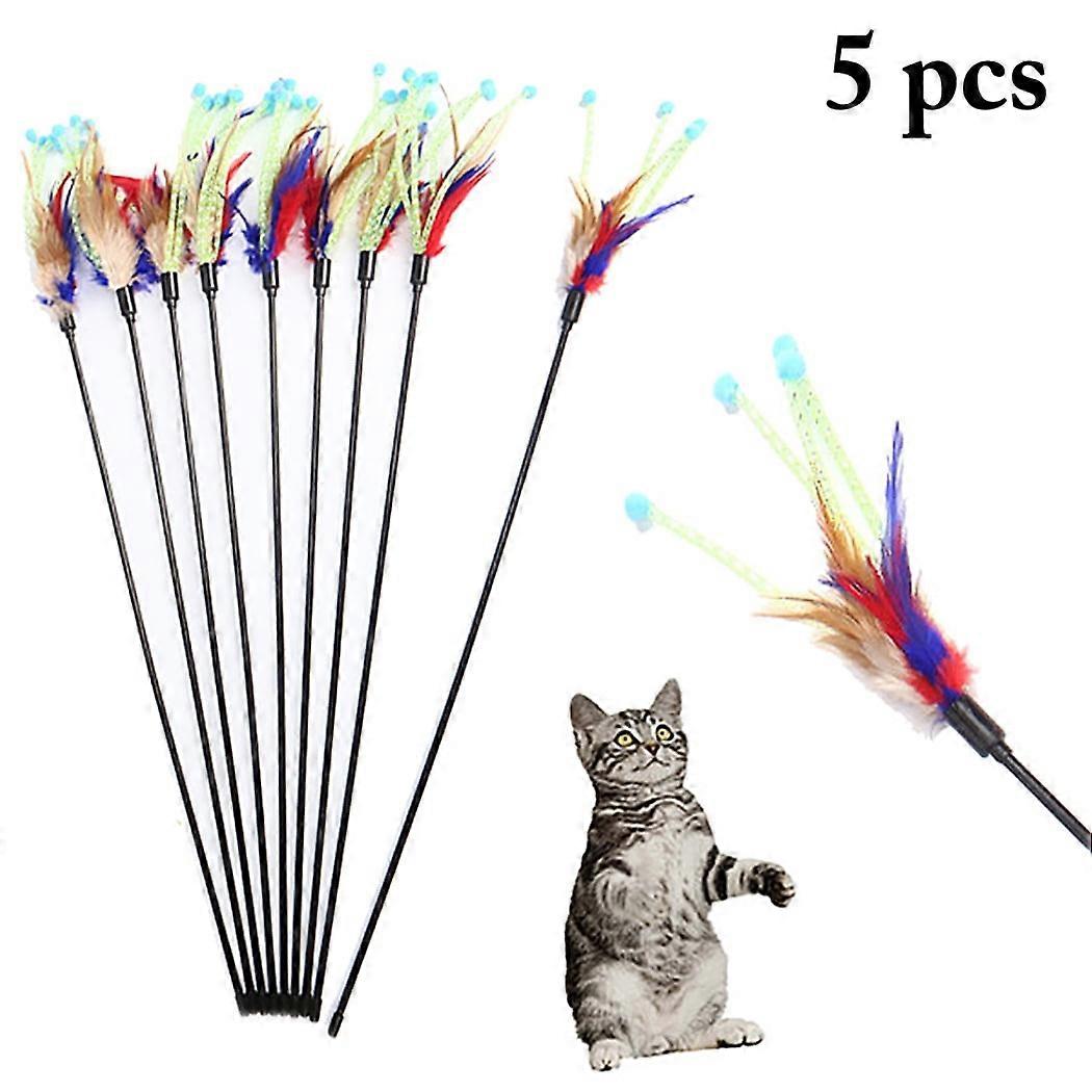 Bangcool 5PCS Cat Teaser Training Artificial Feather Cat Wand Toy Cat Interactive Toy
