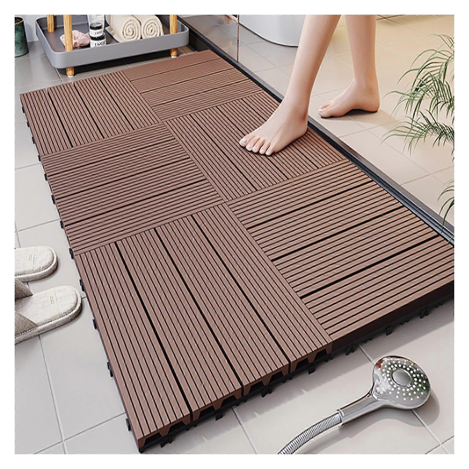 Non Slip Interlocking Shower Floor Tiles with Drainage Holes for Bathroom, Pool, Sauna, Courtyard (Brown, 30x30x2cm, Set of 4)