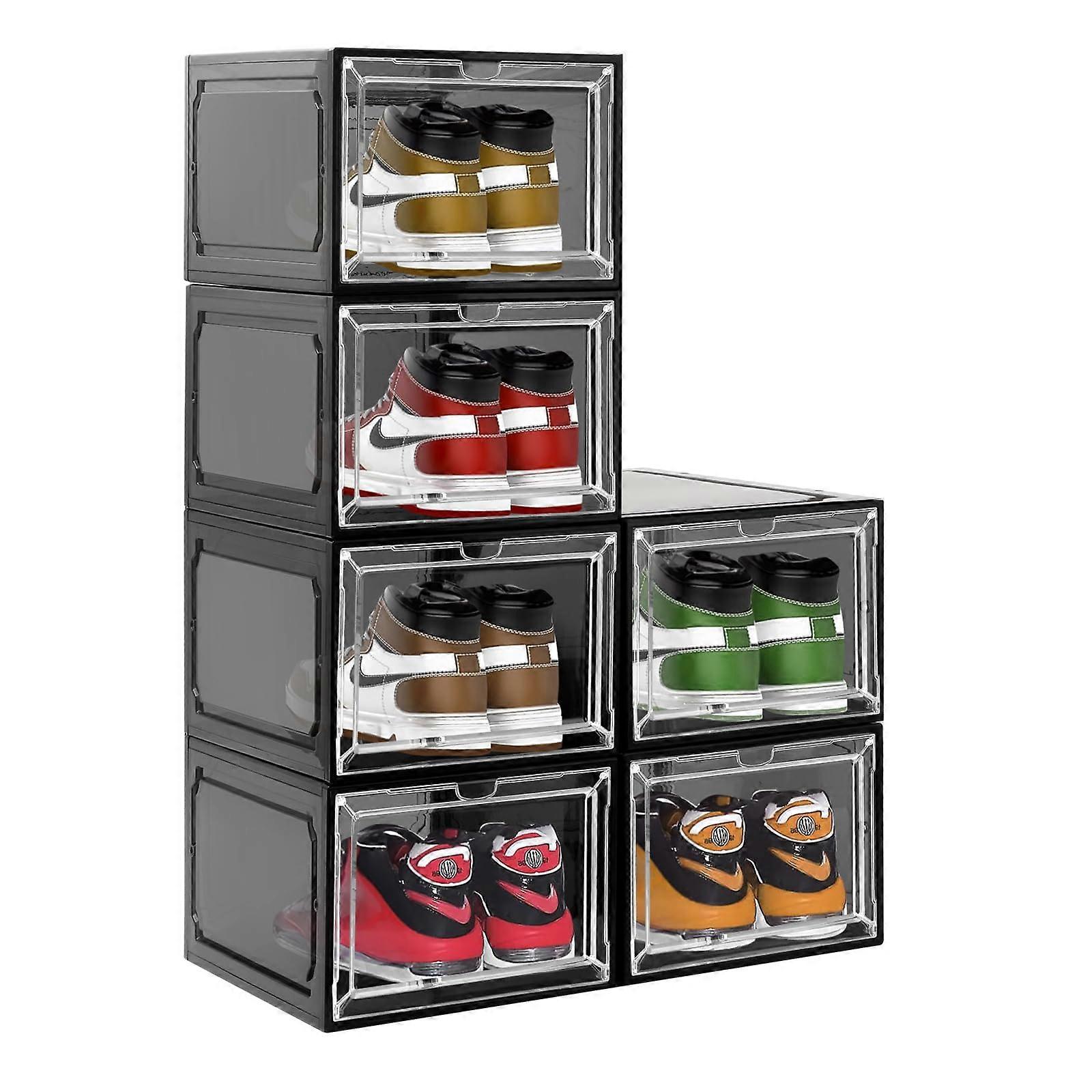 6 Pack Clear Shoe Storage Boxes with Magnetic DropFront Doors, Stackable Sneaker Display Case for Size 12 Shoes