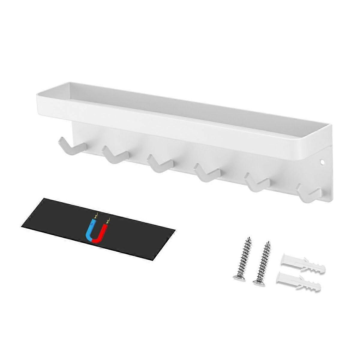Wall Mounted Key Holder with Shelf and Mail Organizer, 6 Hooks, Magnetic or Screw Mount, White