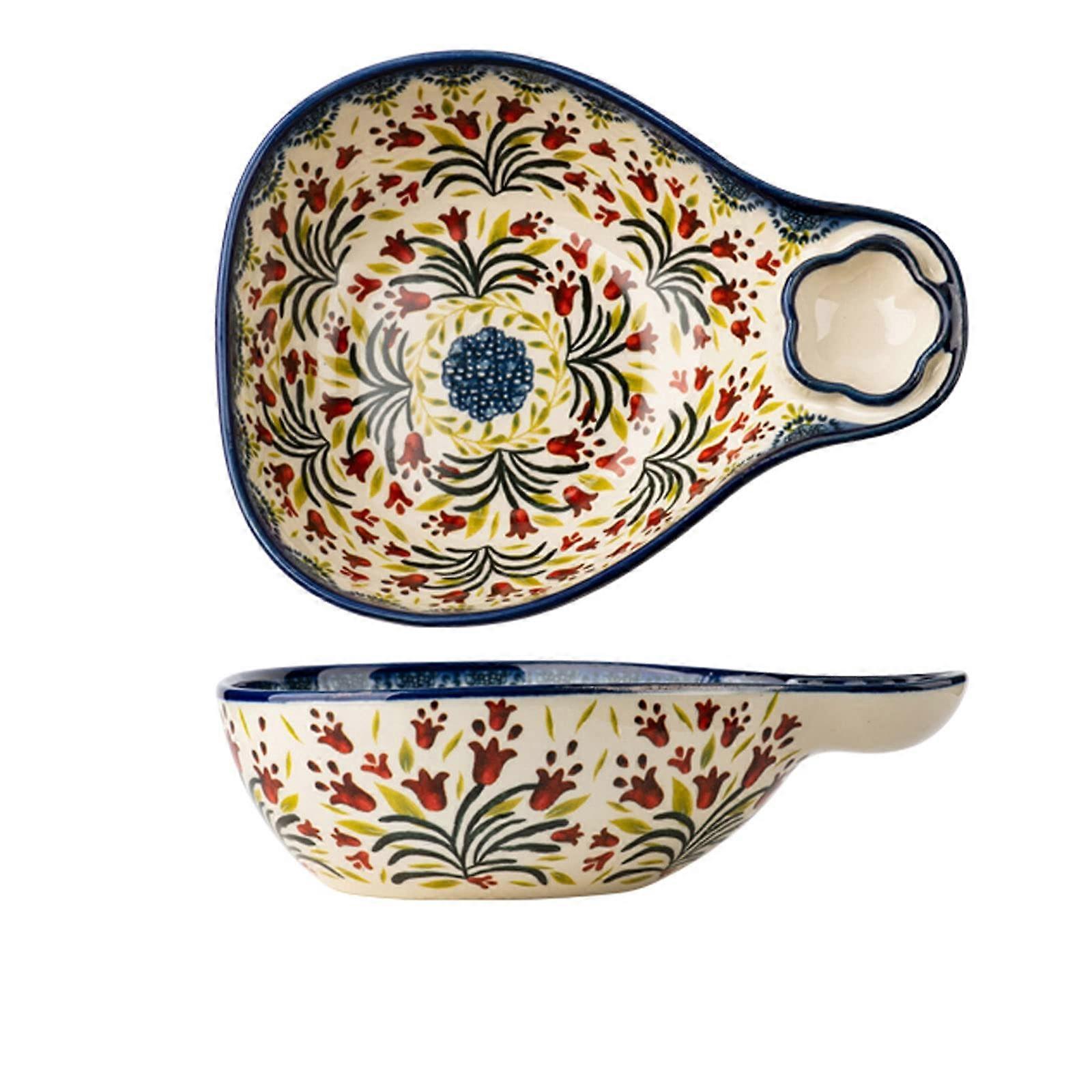 Ceramic Salad Bowl Set 2Piece with HandPainted Floral Pattern, Stackable, Microwave and Oven Safe