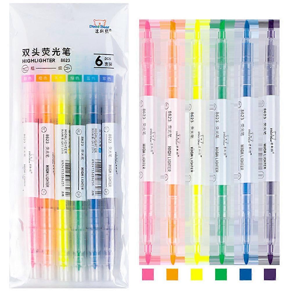 Fluorescent Markers Double-End Highlighter Pen for Marking Use 6Pcs