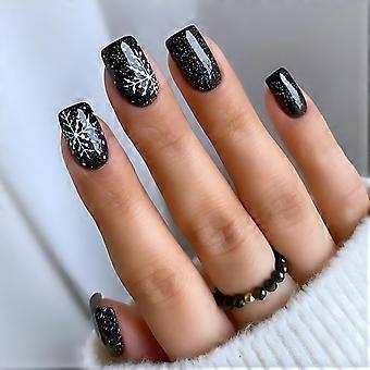Christmas Black Press On Nails Short Square 24pcs with Snowflake Design Easy Glue Holiday Manicure
