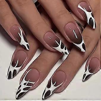 24 Pcs Gradient Wine Red Press On Nails Set Long Almond Tips Glossy French Fake Nails for Women