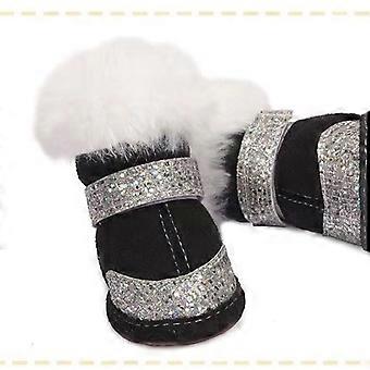 Conjunto de 4 pares de sapatos para cães com forro antiderrapante de lantejoulas, palmilha macia, botas de inverno quentinhas para filhotes de cães pequenos, protetores de patas para uso interno e externo.