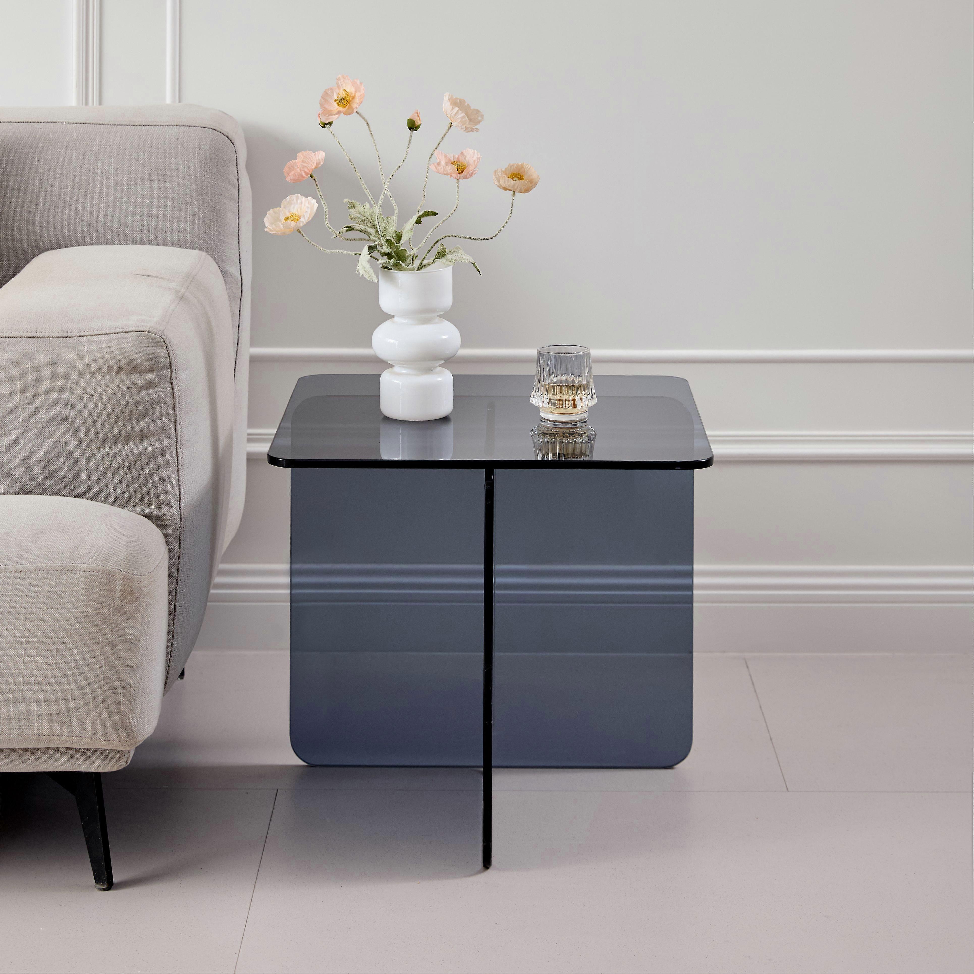 Tempered Gray Bent Glass SideTable, Transparent End Table, Sofa table