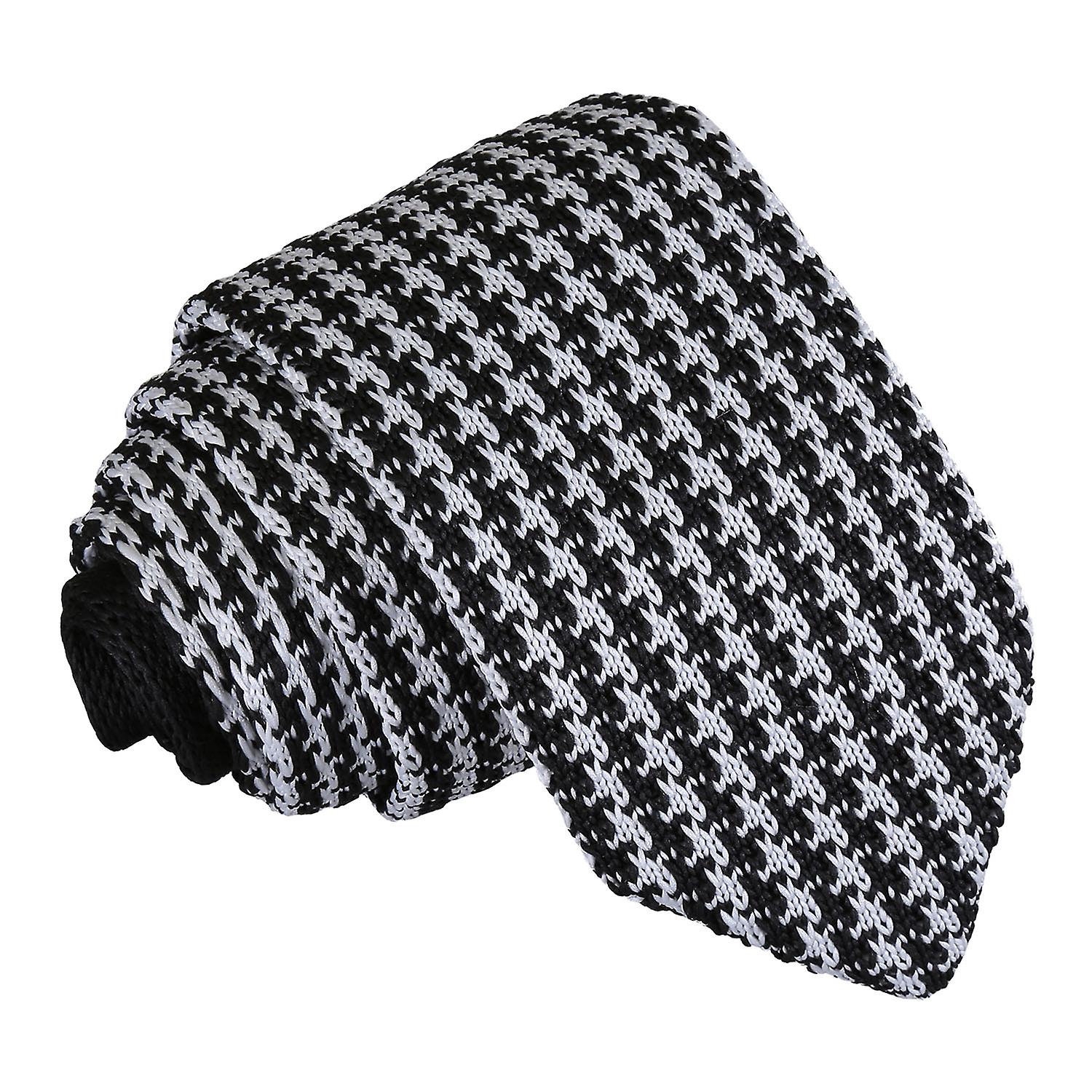 White and Black Houndstooth Knitted Slim Tie