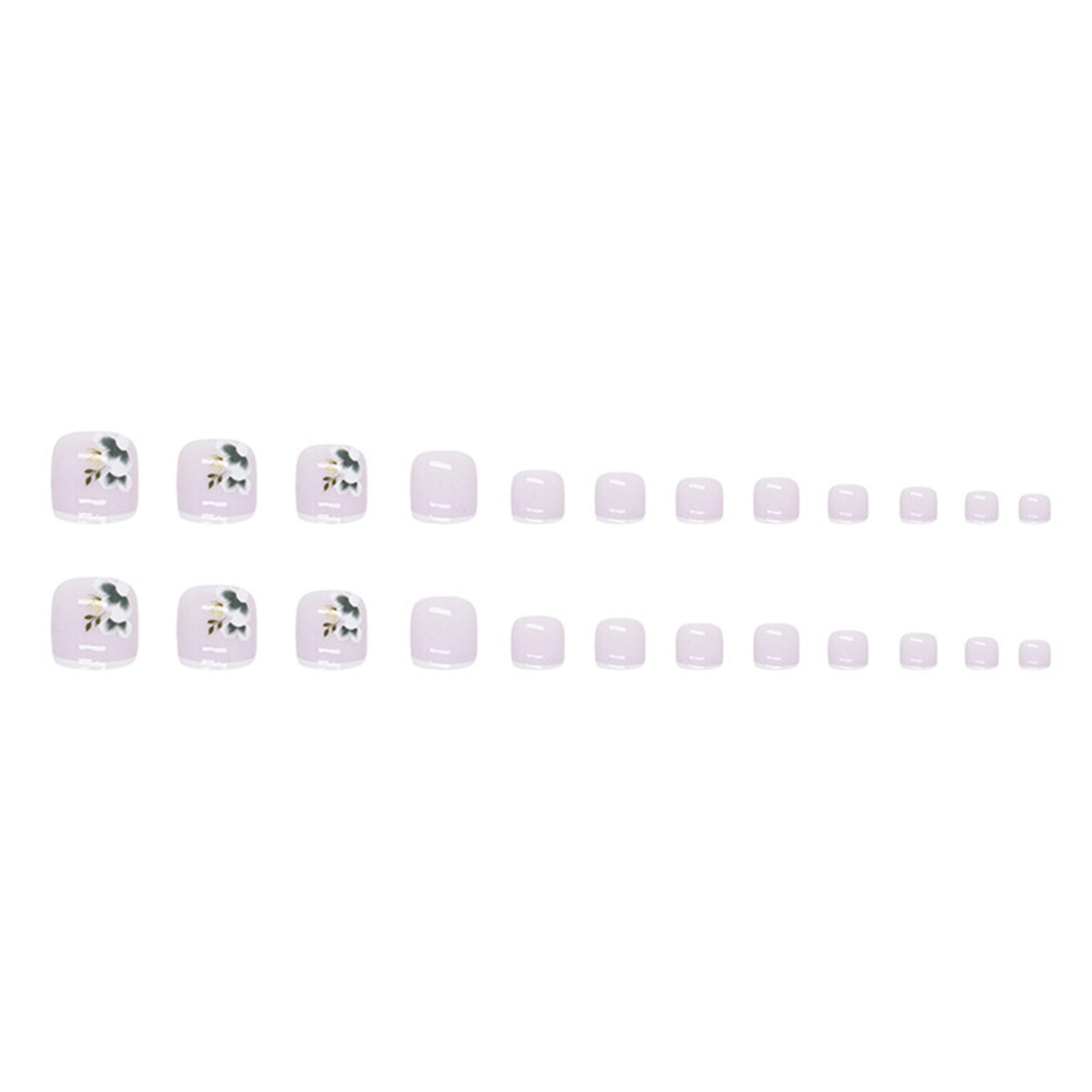 Light Purple Flower Printed False Toenails Sweet & Charming Reusable False Nails For Daily And Parties Wearing