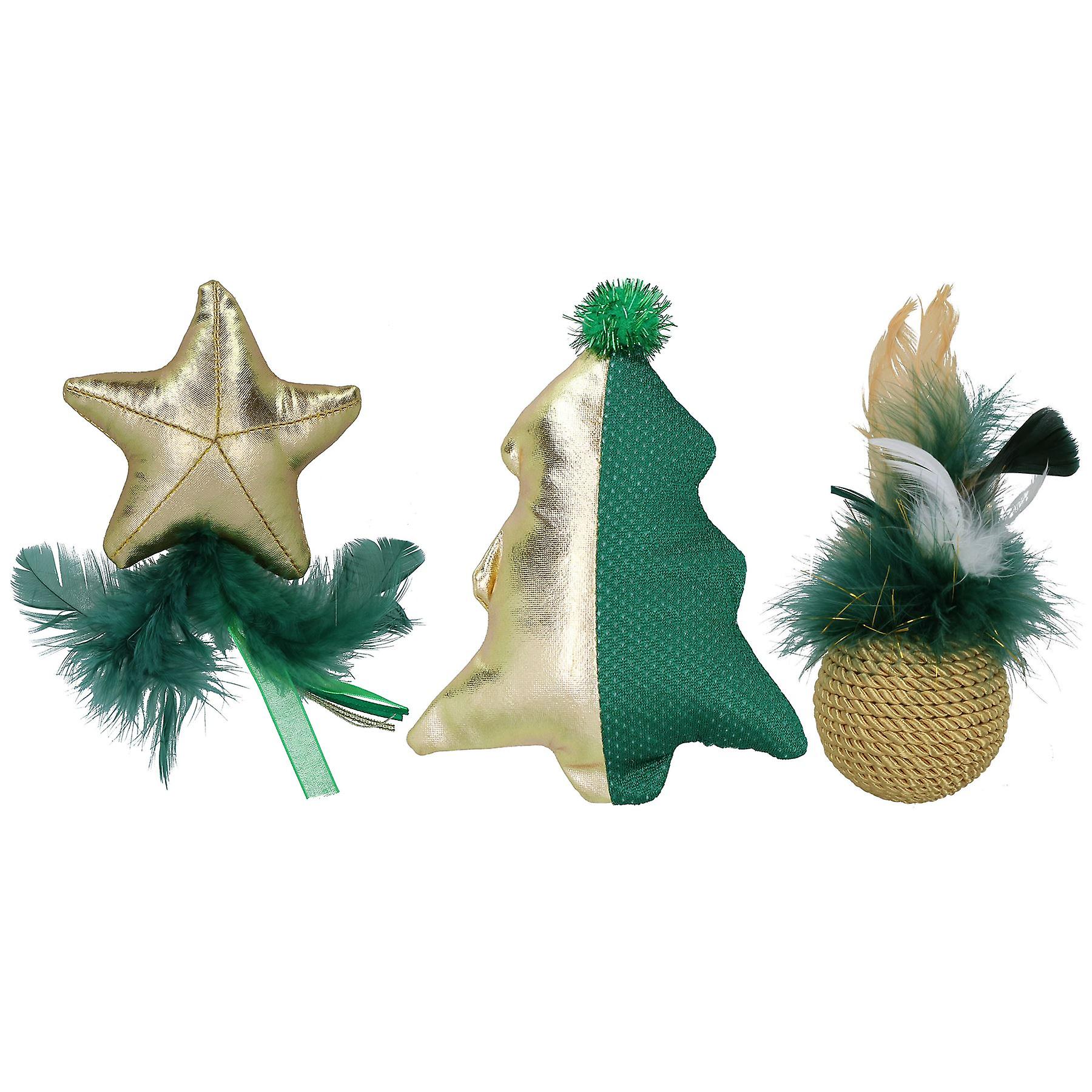 Cat Kitten Christmas Gift Magical Forest Feather Roller, Tree & Gold Star Toy Bundle