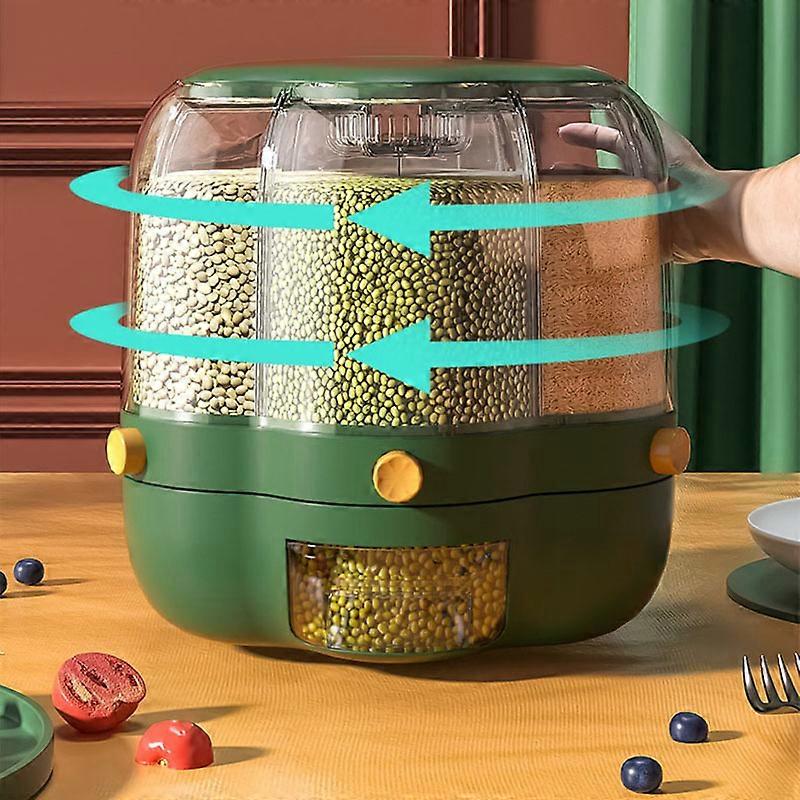Food-Grade Household Rotating Rice Bucket with Separate Grains Storage Box - Large 6.5kg Bean Storage Tank(Green)