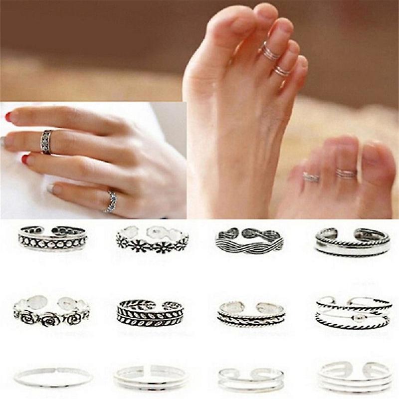 12 PCS Open Toe Ring Set Carved Hollow Multi-Element Anklet