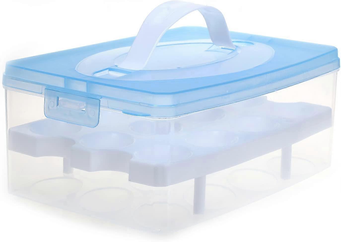 Two Tier Egg Box -for 24 Eggs- High Quality Box, Carry Handle, Fridge Egg Rack, Lid & Clip, Blue