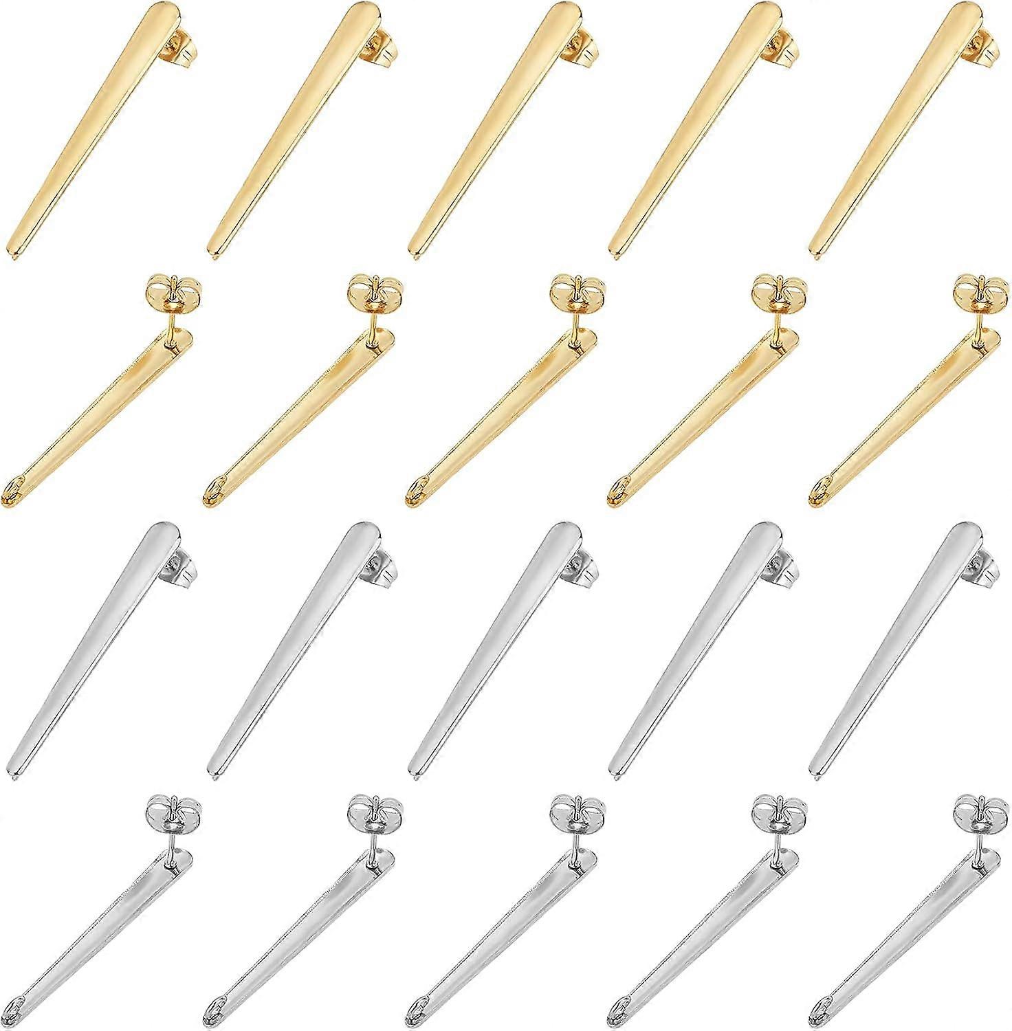About 20pcs 2 Colors Rectangle Stud Earring Findings Stainless Steel Stud Earring with Ear Nuts and Loop Metal Earring Posts for Jewelry Making