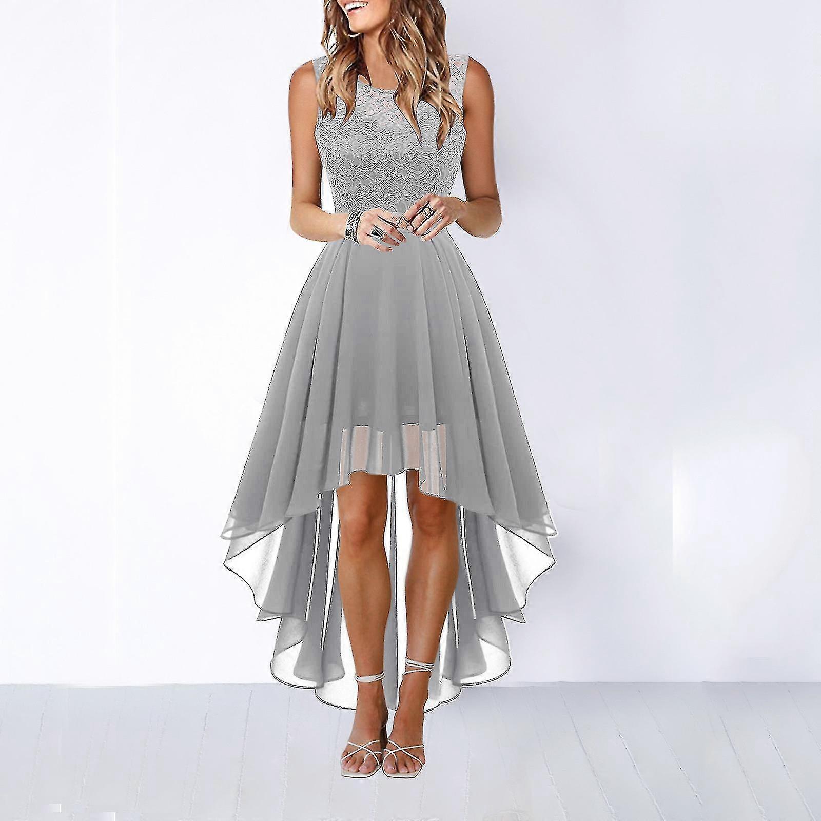 Dantel Elbise Yay Kemer Zarif Düzensiz Boy Elbiseler Kadınlar İçin Düğün Misafir Kolsuz Nedime Kokteyl Parti Elbisesi