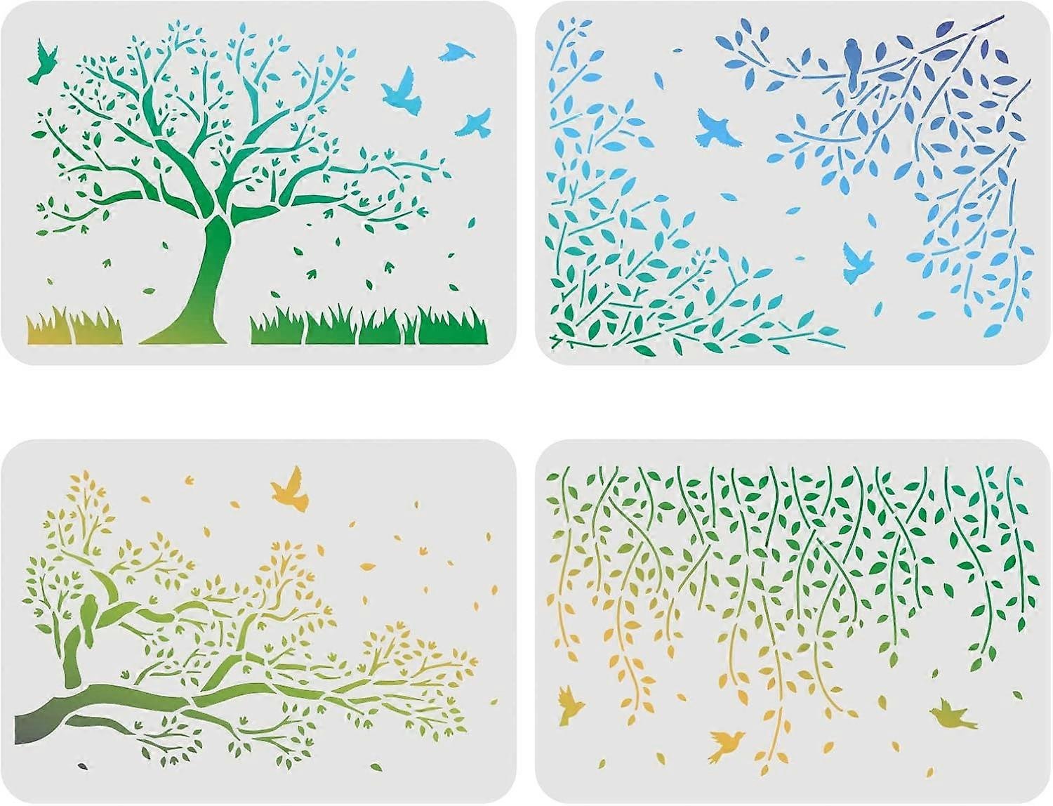 4pcs Birds Tree Branches Stencils 11.7x8.3 inch Flying Bird Stencil Branches Stencil Reusable Tree Stencils for Paintng on Wood Floor Wall Fabric