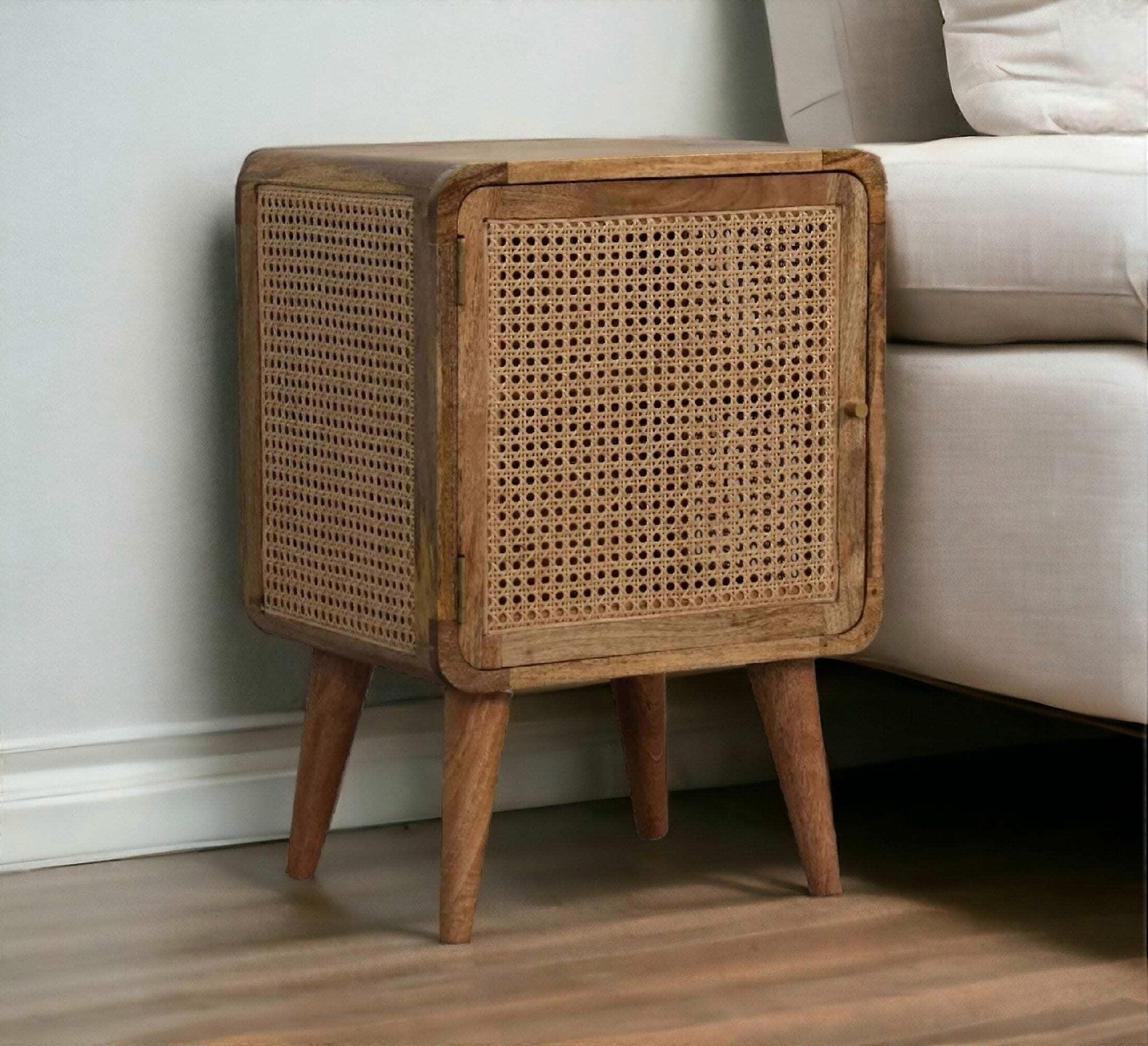 Rattan Curved Bedside Table With Door