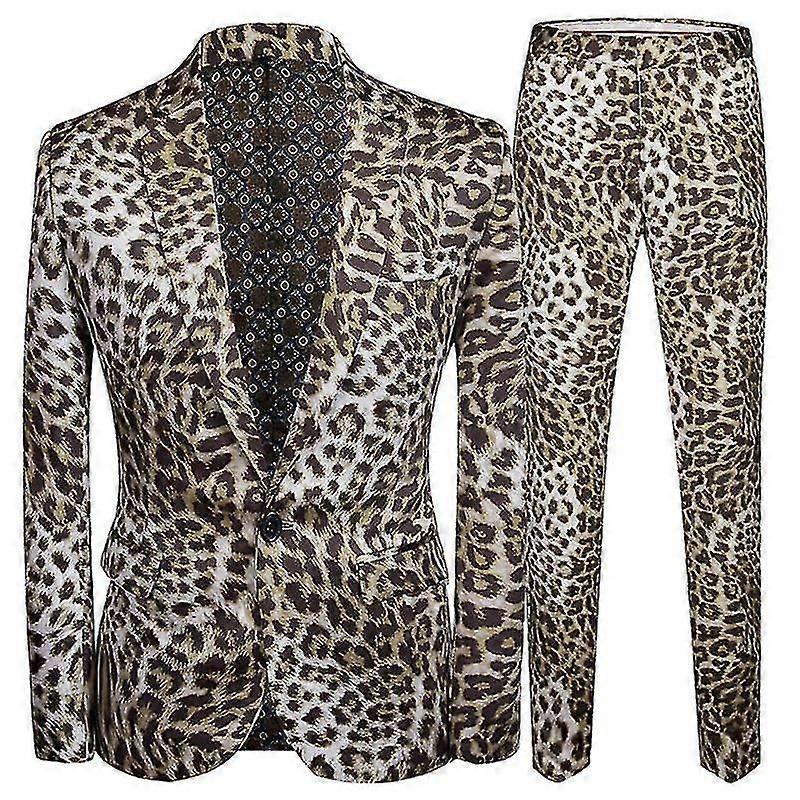 Men's 2 Pcs Leopard Print One Button Suit Jacket Blazer And Pants Set
