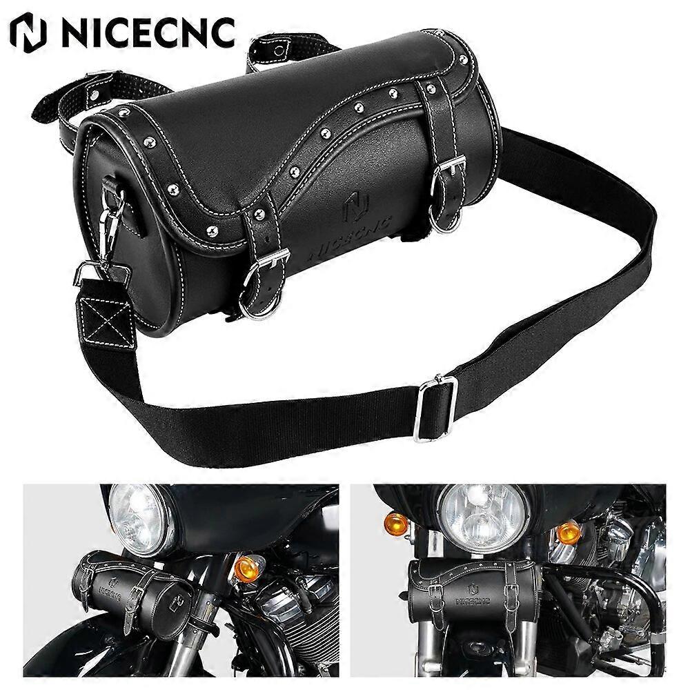 NICECNC Leather Front Fork Bag for Harley Motorcycle Waterproof Handlebag Tool Sissy Bar Saddle Bag with Reinforced Straps Box
