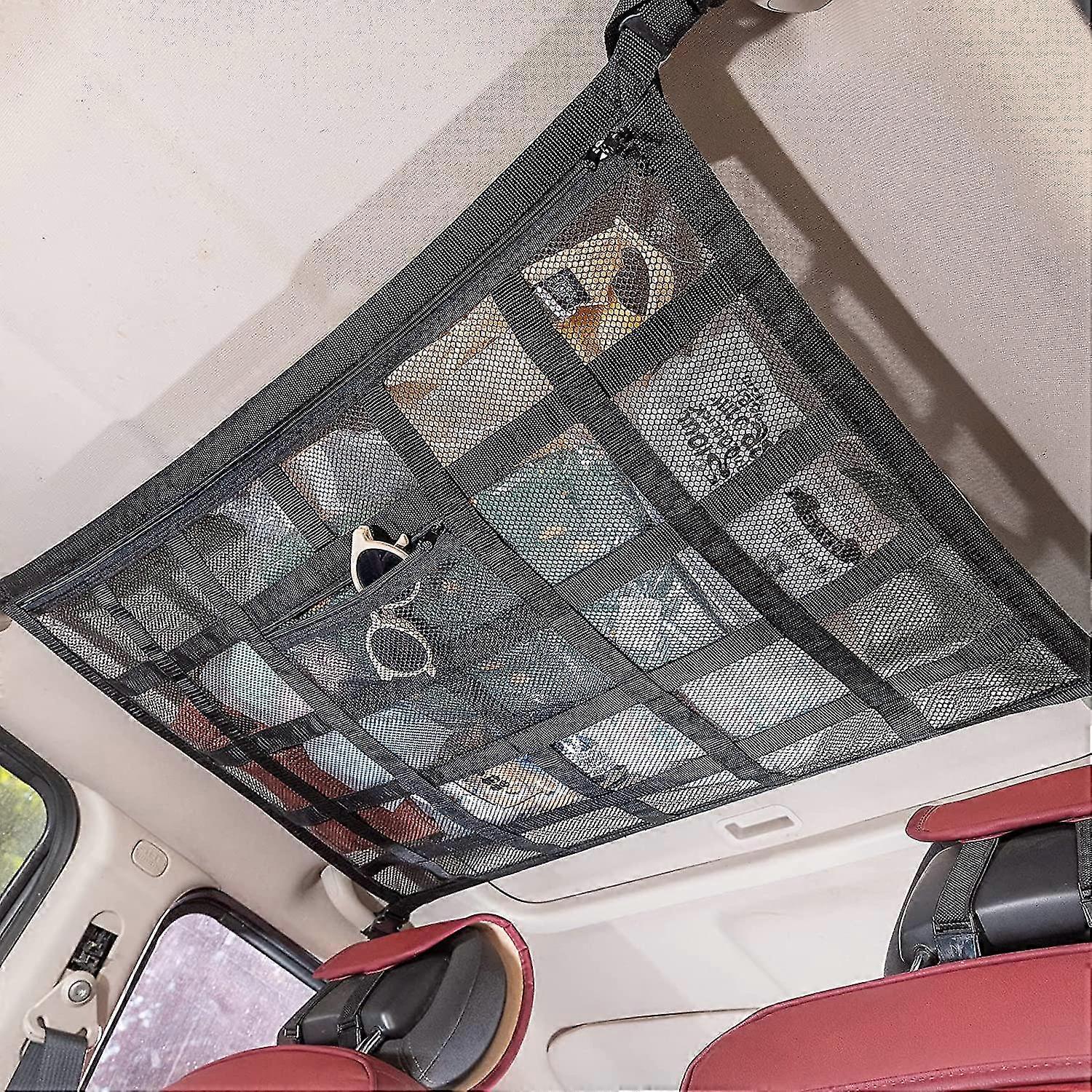 Upgrade Car Ceiling Cargo Mesh Bag, 80x55cm Reinforced Load Bearing And No Sagging Double Layer Mesh Car Roof Storage Rack, Truck Suv Travel Long Trav