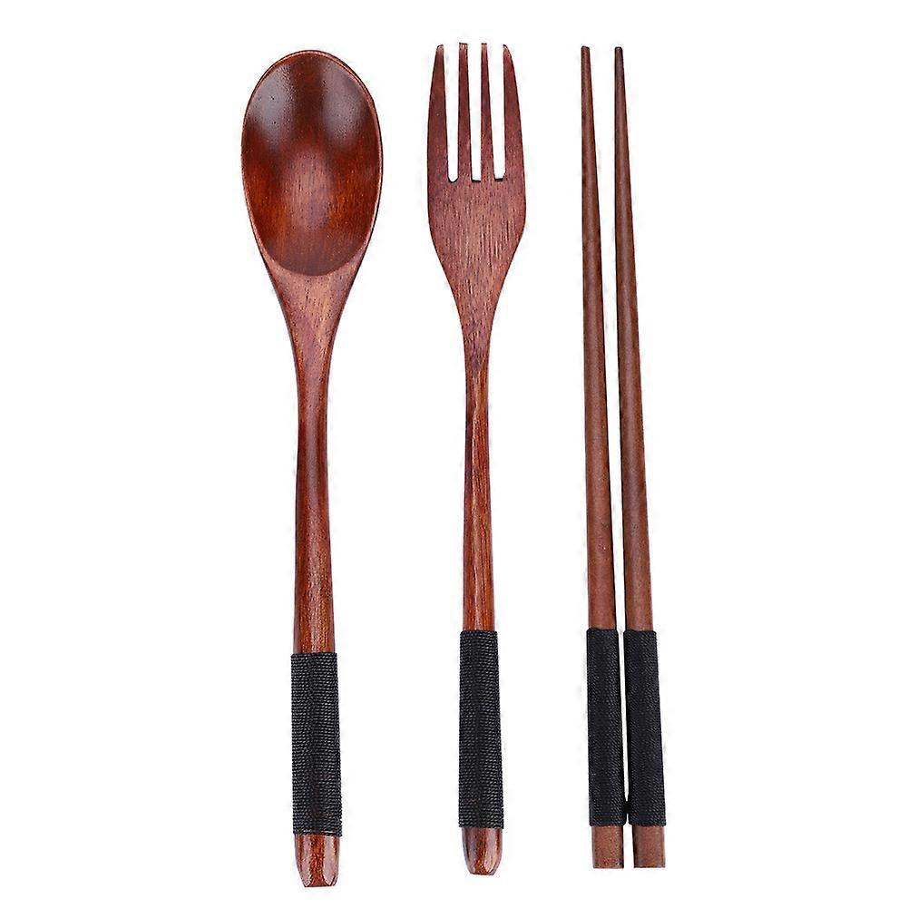 Wooden Chopsticks Spoon Fork Tableware Dinnerware 3pcs Set (with black thread)
