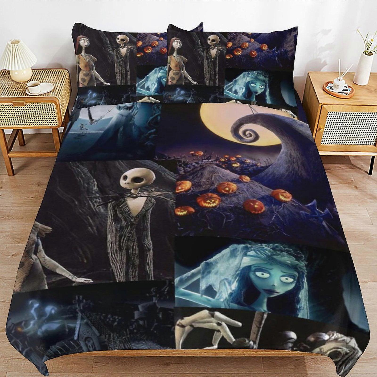 Sängkläder ZM227 Corpse Bride And Jack Skellington påslakanset, 3-delat sängkläder Dekorativt täcke Cover Set (1 påslakan + 2 Pillow Sham