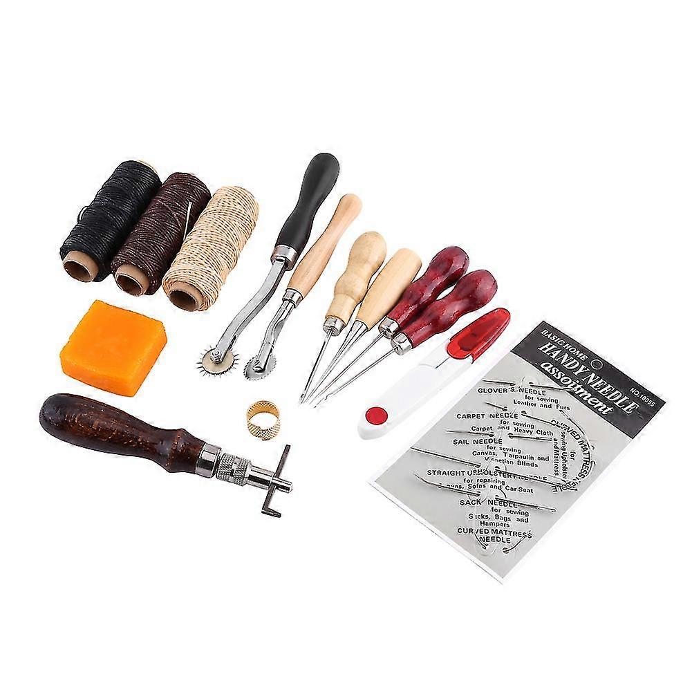 Leather Craft Hand Stitching Sewing Tool Set - 14pcs Kit with Thread, Awl, Waxed Thimble