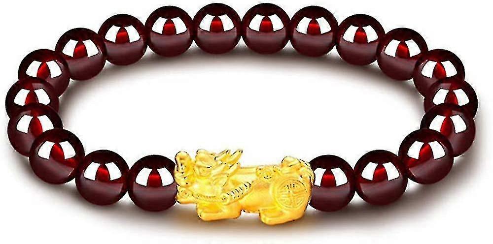 Feng Shui Amulette Bracelet 8mm Red Garnet Bead Bracelet avec 1 plaqué or Pi