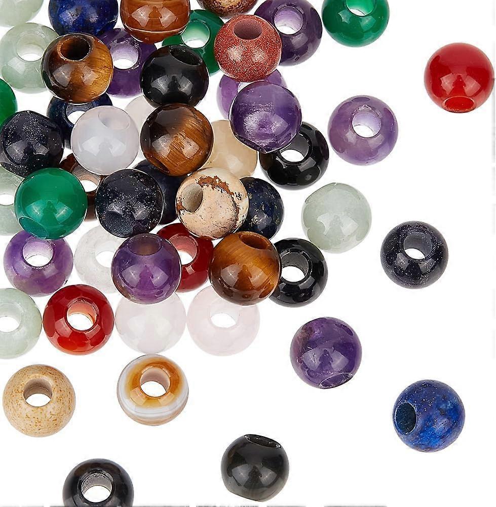 50Pcs Mixed Gemstone European Beads Large Hole Bead Mixed Dyed and Undyed Round 10x8.5mm Hole: 4mm