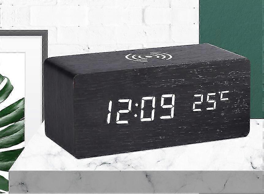 Hölzerner digitaler Wecker drahtloses Laden mit Datum Temperatur Luftfeuchtigkeit