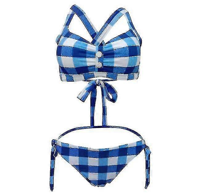 Women's Retro Triangle Bikini Large Plaid Button Split Strap Swimsuit