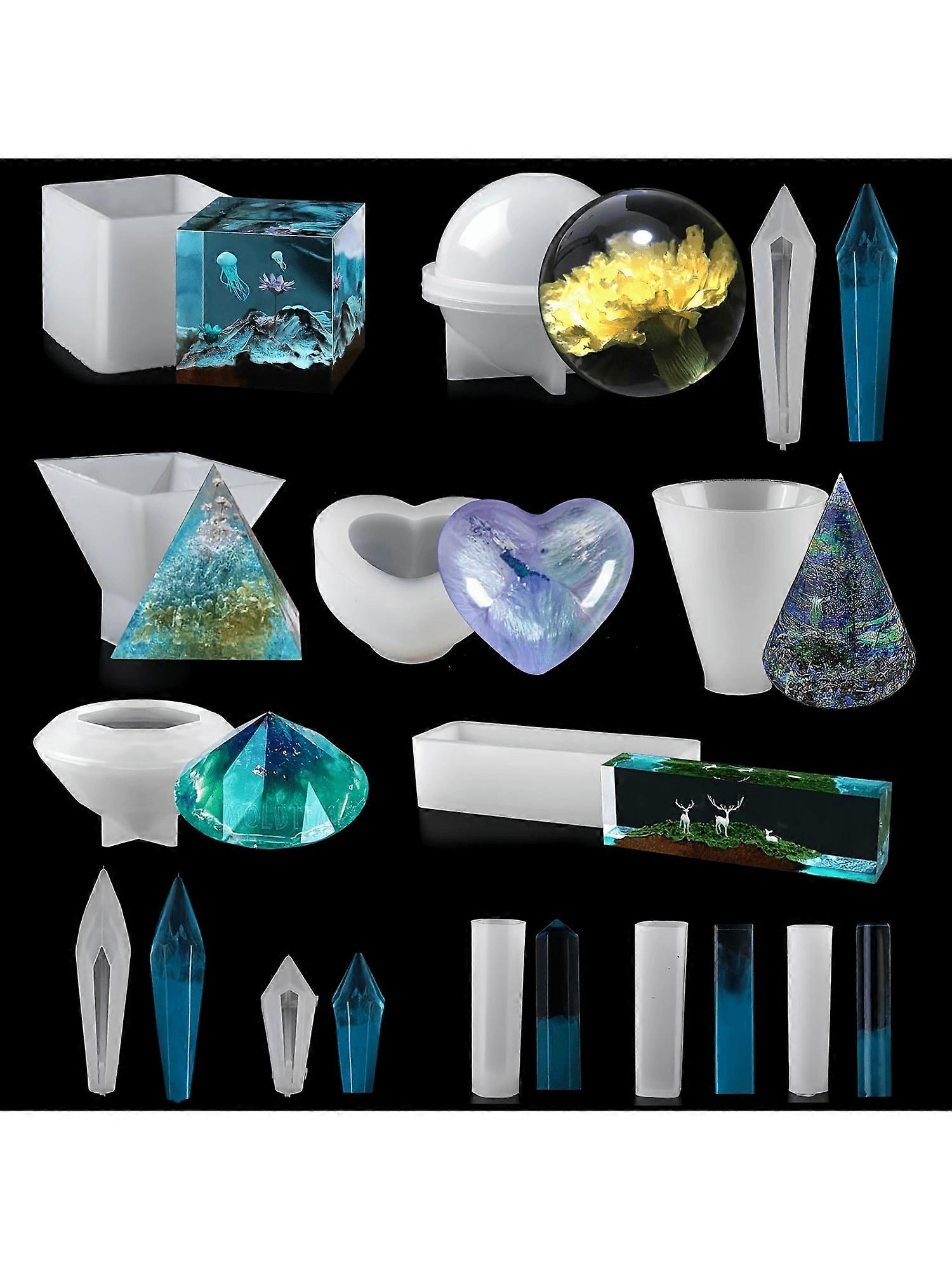 13pcs תבניות סיליקון שרף אפוקסי, כולל תבניות סיליקון כדוריות, מעוקבות, פירמידה ושרף גבישי, תבניות יציקת סיליקון ותבניות שרף DIY